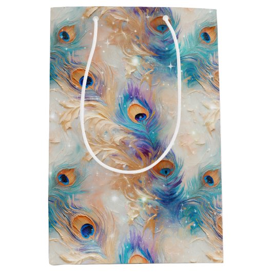 ホワイトアクア金ゴールド孔雀の羽根 ミディアムペーパーバッグ (正面)