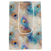 ホワイトアクア金ゴールド孔雀の羽根 ミディアムペーパーバッグ (裏面)