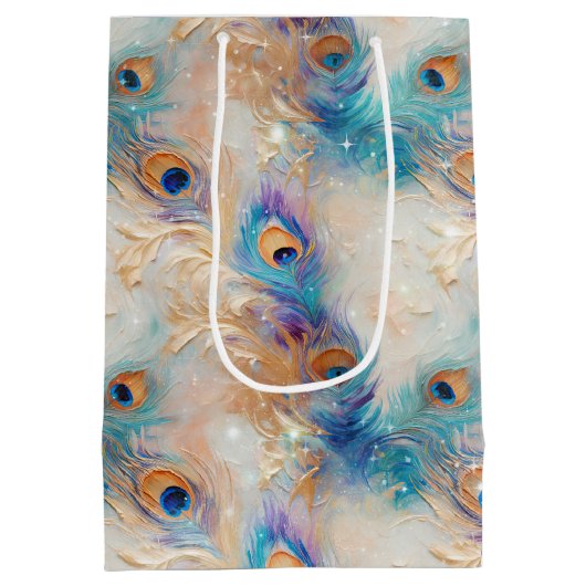 ホワイトアクア金ゴールド孔雀の羽根 ミディアムペーパーバッグ (裏面)
