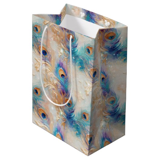 ホワイトアクア金ゴールド孔雀の羽根 ミディアムペーパーバッグ (裏面アングル)
