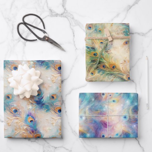 ホワイトアクア金ゴールド孔雀の羽根 ラッピングペーパーシート (正面)