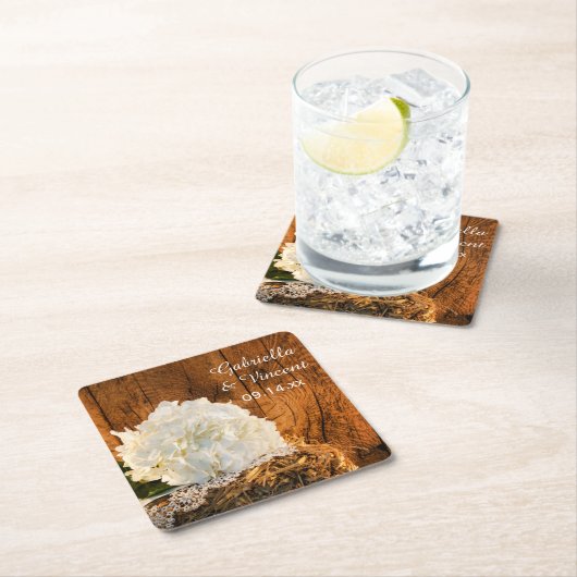 ホワイトアジサイとバーンウッドカントリーウェディング スクエアペーパーコースター (インサイチュ)