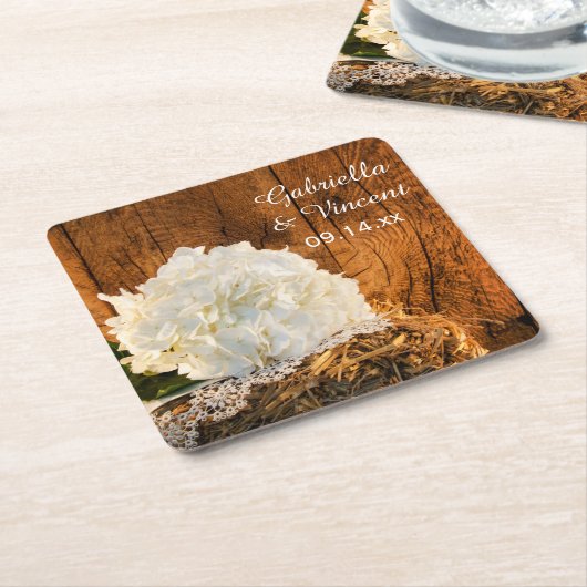 ホワイトアジサイとバーンウッドカントリーウェディング スクエアペーパーコースター (アングル)