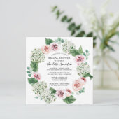 ホワイトアジサイのピンクローズフローラブライダルシャワー 招待状 (スタンド正面)