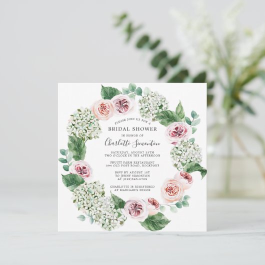 ホワイトアジサイのピンクローズフローラブライダルシャワー 招待状 (スタンド正面)