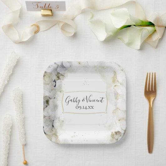 ホワイトアジサイフローラウォーター結婚カラー ペーパープレート (ウェディング)