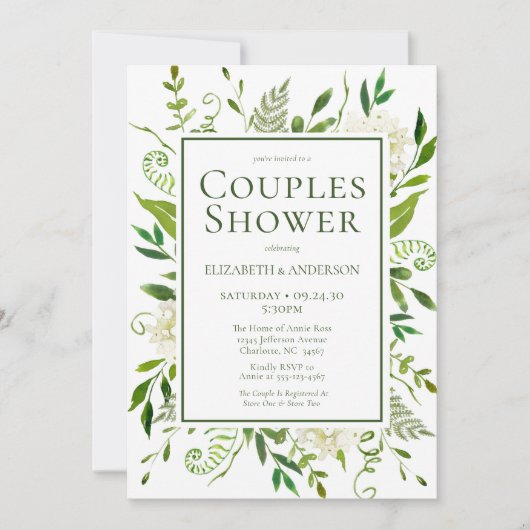 ホワイトアジサイフローラウオーターカラーカップルシャワー 招待状 (正面)