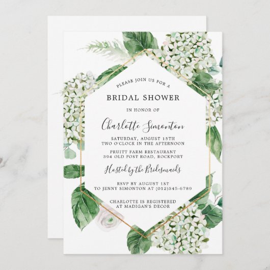 ホワイトアジサイフローラ植物学ブライダルシャワー 招待状 (正面/裏面)