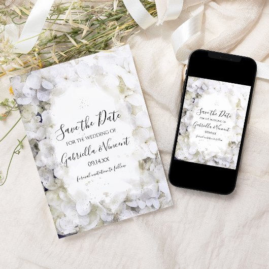 ホワイトアジサイ水彩結婚式の日付を保存 セーブザデート