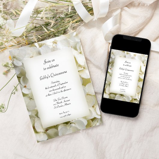 ホワイトアジサイ花キンセアニェラパーティー 招待状