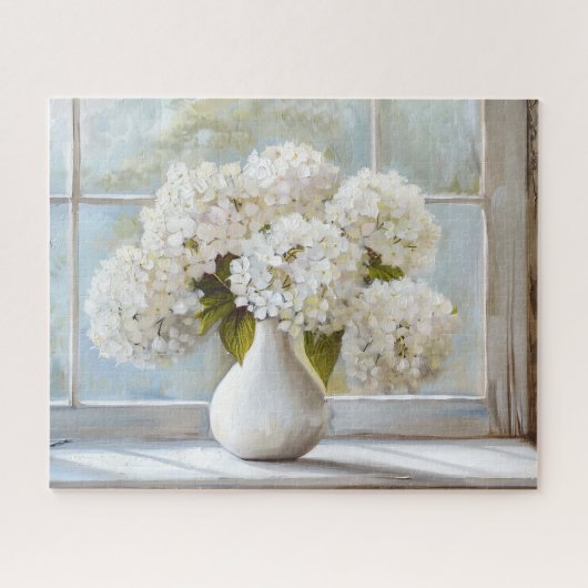 ホワイトアジサイ、コテージコア、ヴィンテージスタイル ジグソーパズル (横)