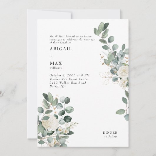 ホワイトアジサイ・ユーカリ白フローラ結婚ズ 招待状 (正面)