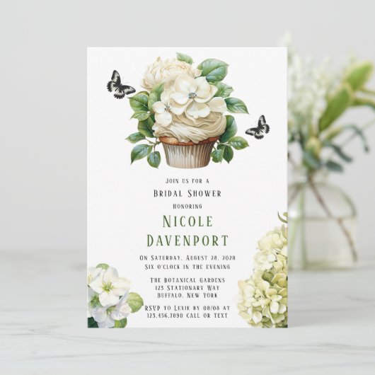 ホワイトアジランゲアバタフライカップケーキブライダルシャワー 招待状 (スタンド正面)