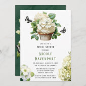 ホワイトアジランゲアバタフライカップケーキブライダルシャワー 招待状 (正面/裏面)