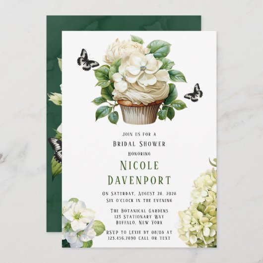 ホワイトアジランゲアバタフライカップケーキブライダルシャワー 招待状 (正面/裏面)
