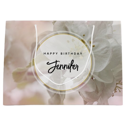 ホワイトアップルブロッサムフォト誕生日 ラージペーパーバッグ (正面)