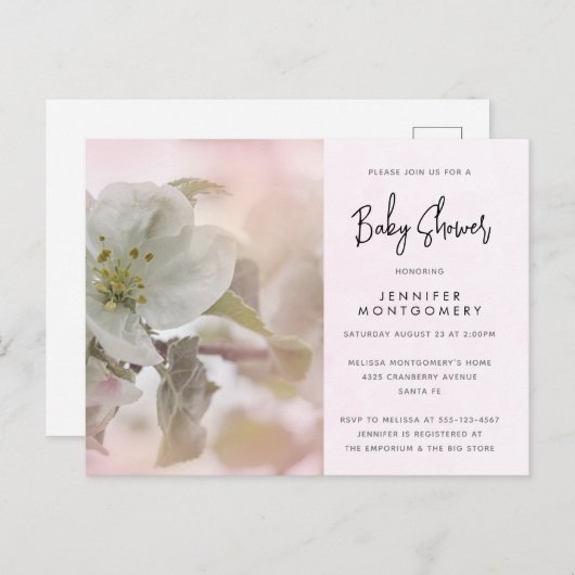 ホワイトアップルブロッサム写真ベビーシャワー インビテーションポストカード (正面/裏面)