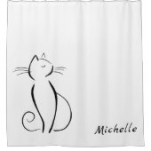 ホワイトアドオン名のミニマル黒猫 シャワーカーテン (正面)