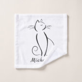 ホワイトアドオン名のミニマル黒猫 バスタオルセット (ウォッシュタオル)