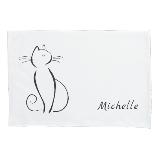 ホワイトアドオン名のミニマル黒猫 枕カバー (正面)