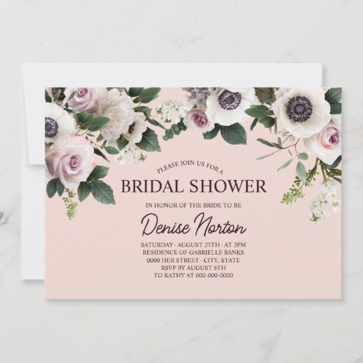 ホワイトアネモネオン赤面バラブライダルシャワー 招待状 (正面)