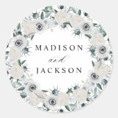 ホワイトアネモネスとバラパーソナライズされたズ結婚ズ ラウンドシール (正面)