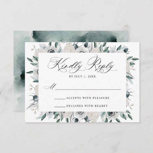 ホワイトアネモネスとバラフローラウェディングRSVPカード 出欠カード (正面/裏面)