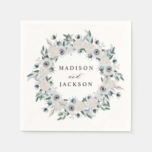 ホワイトアネモネスとバラ結婚ズ スタンダードカクテルナプキン (正面)