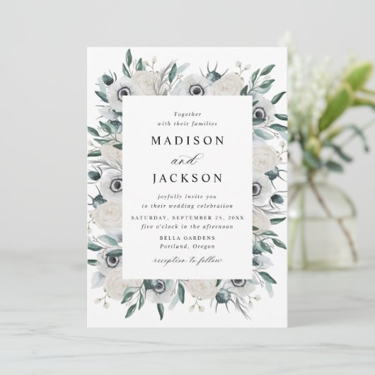 ホワイトアネモネスとバラ結婚フローラ 招待状 (スタンド正面)