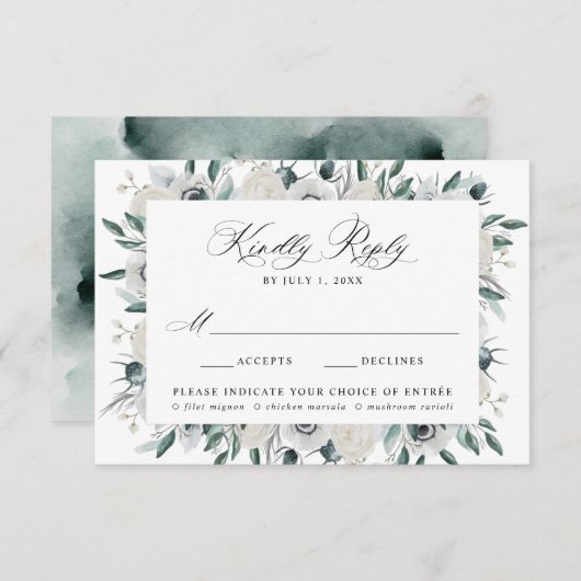 ホワイトアネモネスとバラ食事の選択ウェディングRSVP 出欠カード (正面/裏面)