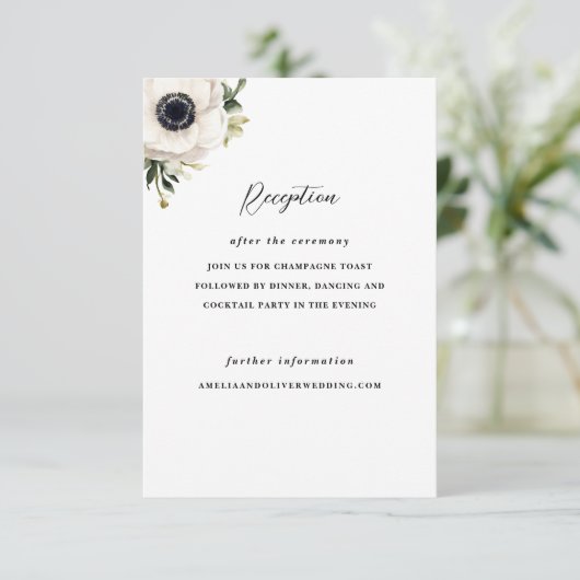 ホワイトアネモネフラワーウェディングレセプション招待状 エンクロージャーカード (スタンド正面)