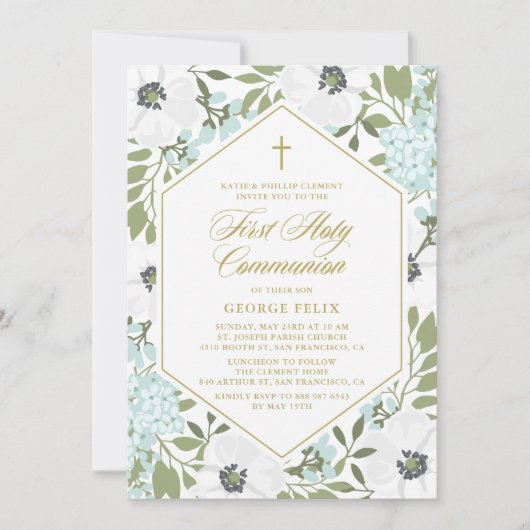 ホワイトアネモンズブルーフローラファーストホーリーコミュニオン 招待状 (正面)
