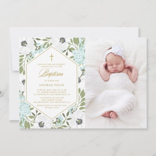 ホワイトアネモンズブルーフローラフォト男の赤ちゃんバプテスマ 招待状 (正面)