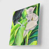 ホワイトアラムリリー水色熱帯フローラ スクエア壁時計 (傾斜)