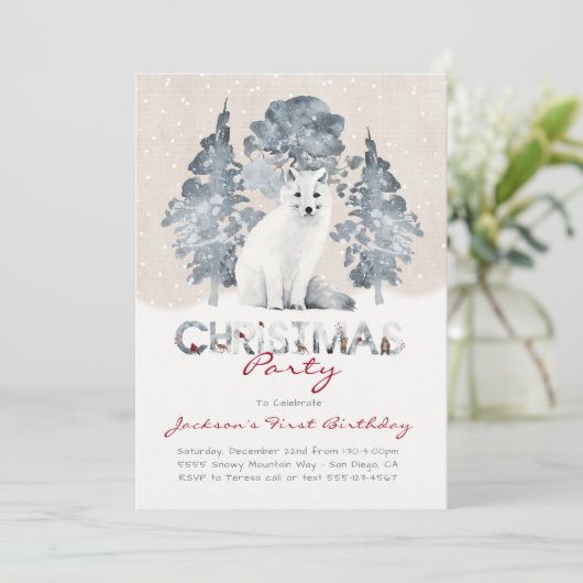 ホワイトアルティックキツネウッドランドクリスマスバースデーパーティー 招待状 (スタンド正面)