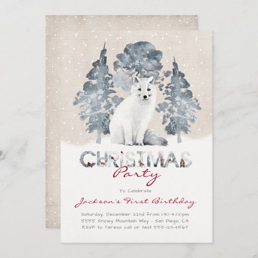 ホワイトアルティックキツネウッドランドクリスマスバースデーパーティー 招待状 (正面/裏面)