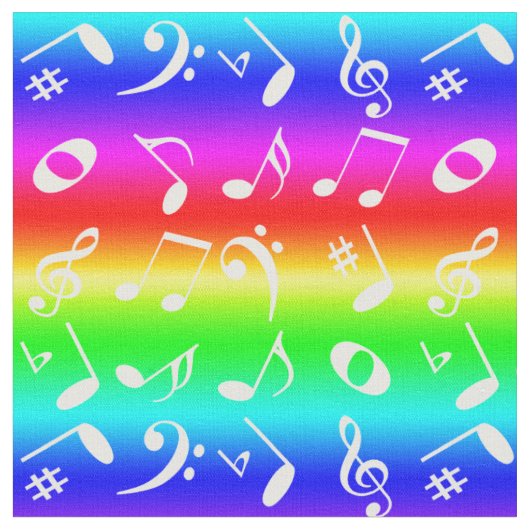 ホワイトアングルミュージックノートパターン虹のグラデーション ファブリック (クローズアップ)
