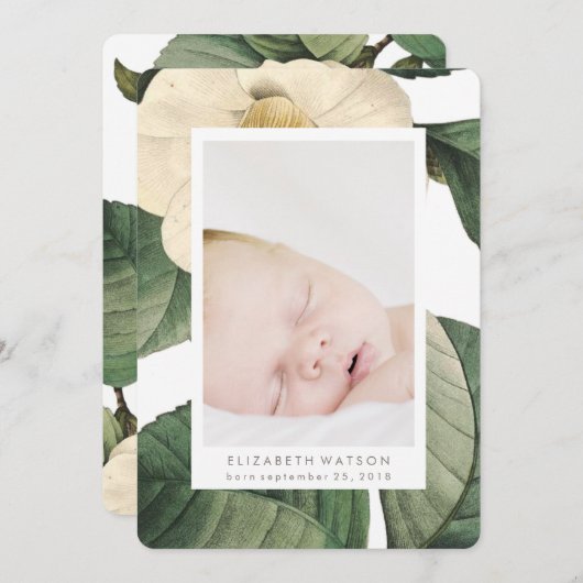 ホワイトアンティークフラワーフォトカード誕生のお知らせ 案内状 (正面/裏面)