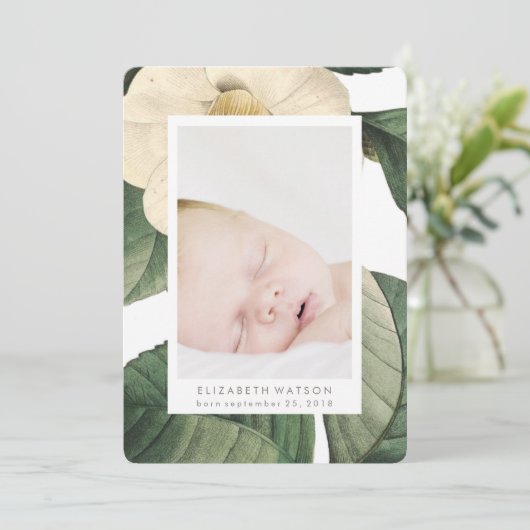 ホワイトアンティークフラワーフォトカード誕生のお知らせ 案内状 (スタンド正面)