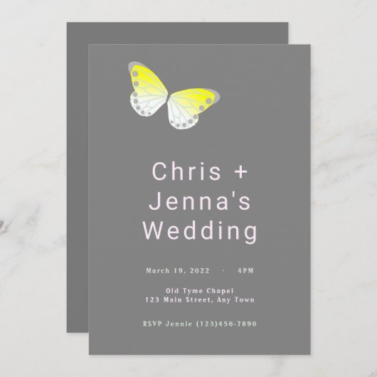 ホワイトアンドイエローバタフライ結婚式招待状 招待状 (正面/裏面)