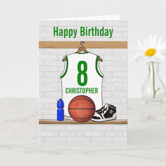 ホワイトアンドグリーンバスケットボールジャージー誕生日 カード (小さな植物)
