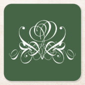 ホワイトアンドグリーンフローリッシュバラ スクエアペーパーコースター (正面)