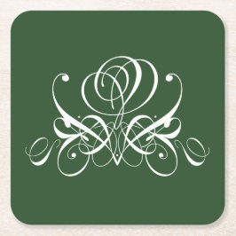 ホワイトアンドグリーンフローリッシュバラ スクエアペーパーコースター