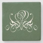 ホワイトアンドグリーンフローリッシュバラ ストーンコースター (正面)