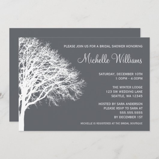 ホワイトアンドグレーウィンターオークブライダルシャワー 招待状 (正面/裏面)