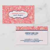 ホワイトアンドコーラルレッドフローラペイズリーブルーアクセント 名刺 (正面/裏面)