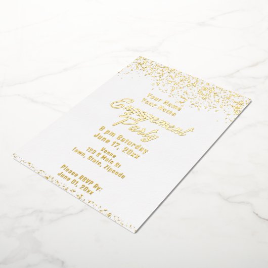 ホワイトアンドゴールドフォイル婚約パーティ 箔招待状 (回転した状態)