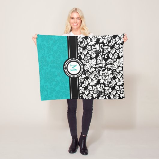 ホワイトアンドターコイズダマスク フリースブランケット (インサイチュ)