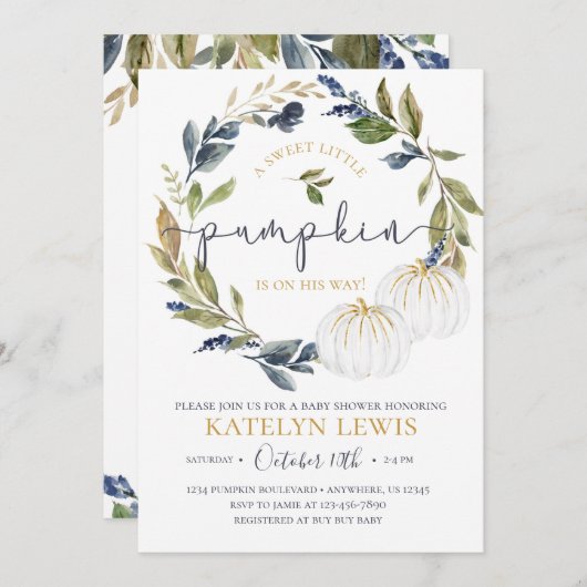 ホワイトアンドネイビーカボチャ赤ちゃんシャワー招待状 招待状 (正面/裏面)