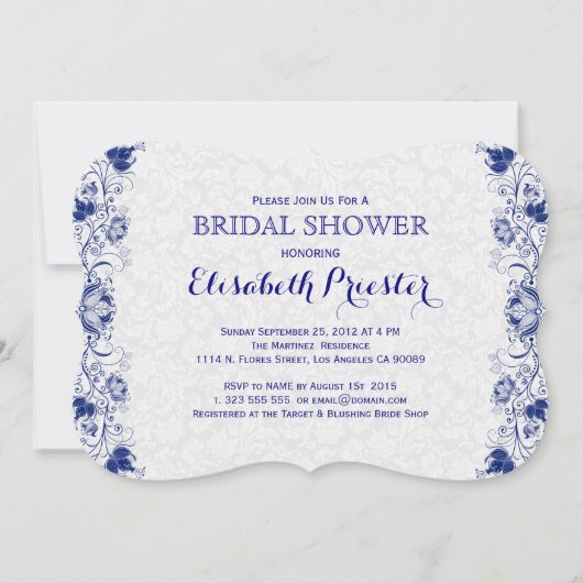 ホワイトアンドネイビーブルーレースブライダルシャワー招待状2 招待状 (正面)